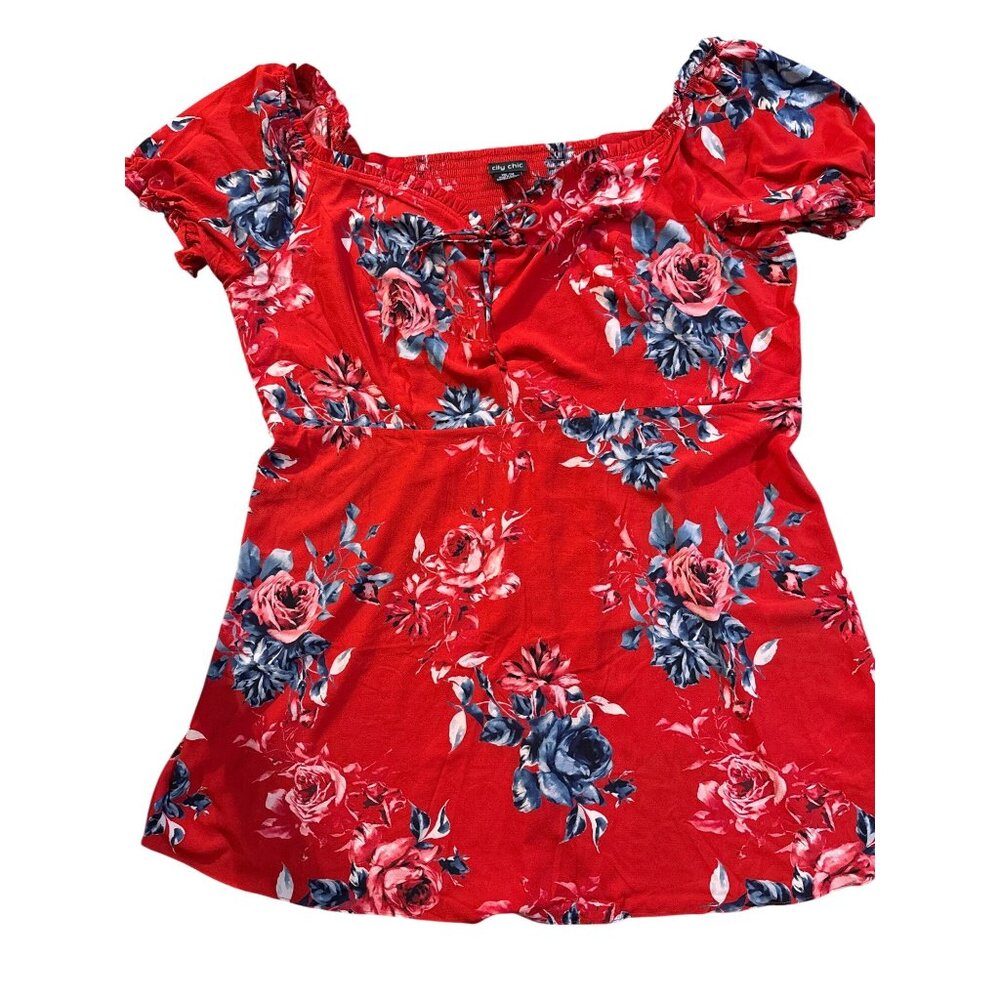 City Chic XXL Plus Red Floral Paris Tie Dress Off-Shoulder Polyester Elastane